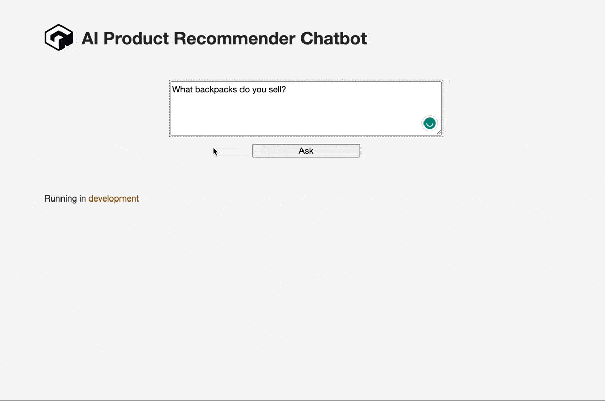 A screenshot of the chatbot in action. The shopper asks about backpacks, and the bot responds with 3 suggestions. The suggested product titles and images are then displayed below the chatbot's response