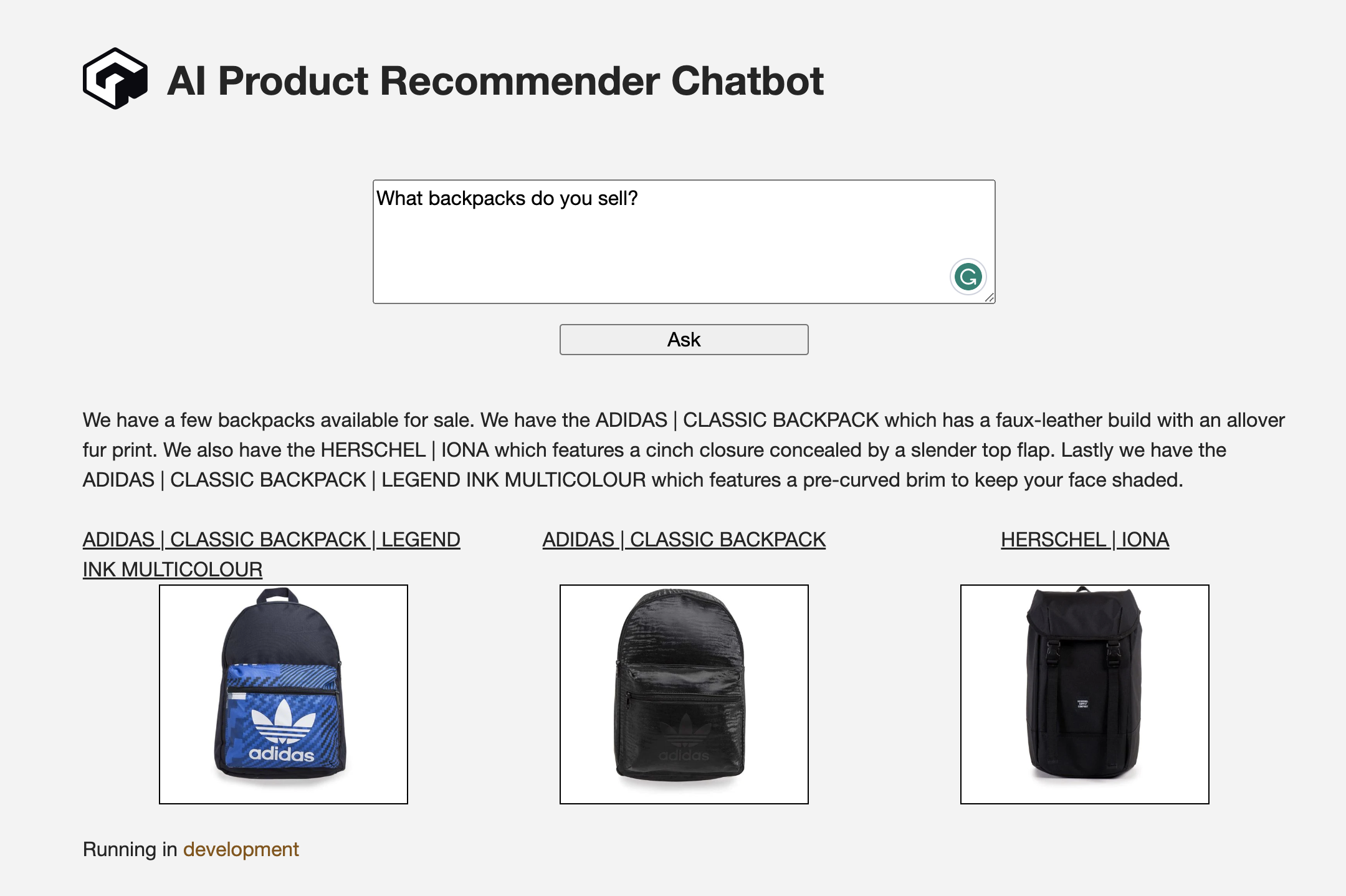 Screenshot of the finished chatbot, with a question entered (asking about backpacks for sale) and a response. The response includes a text response and product recommendations, both generated by langchain