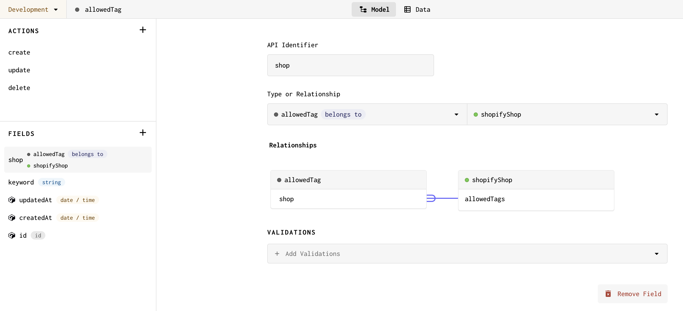 Screenshot of the Shop relation field on the allowedTag model, with allowedTag belonging to Shop